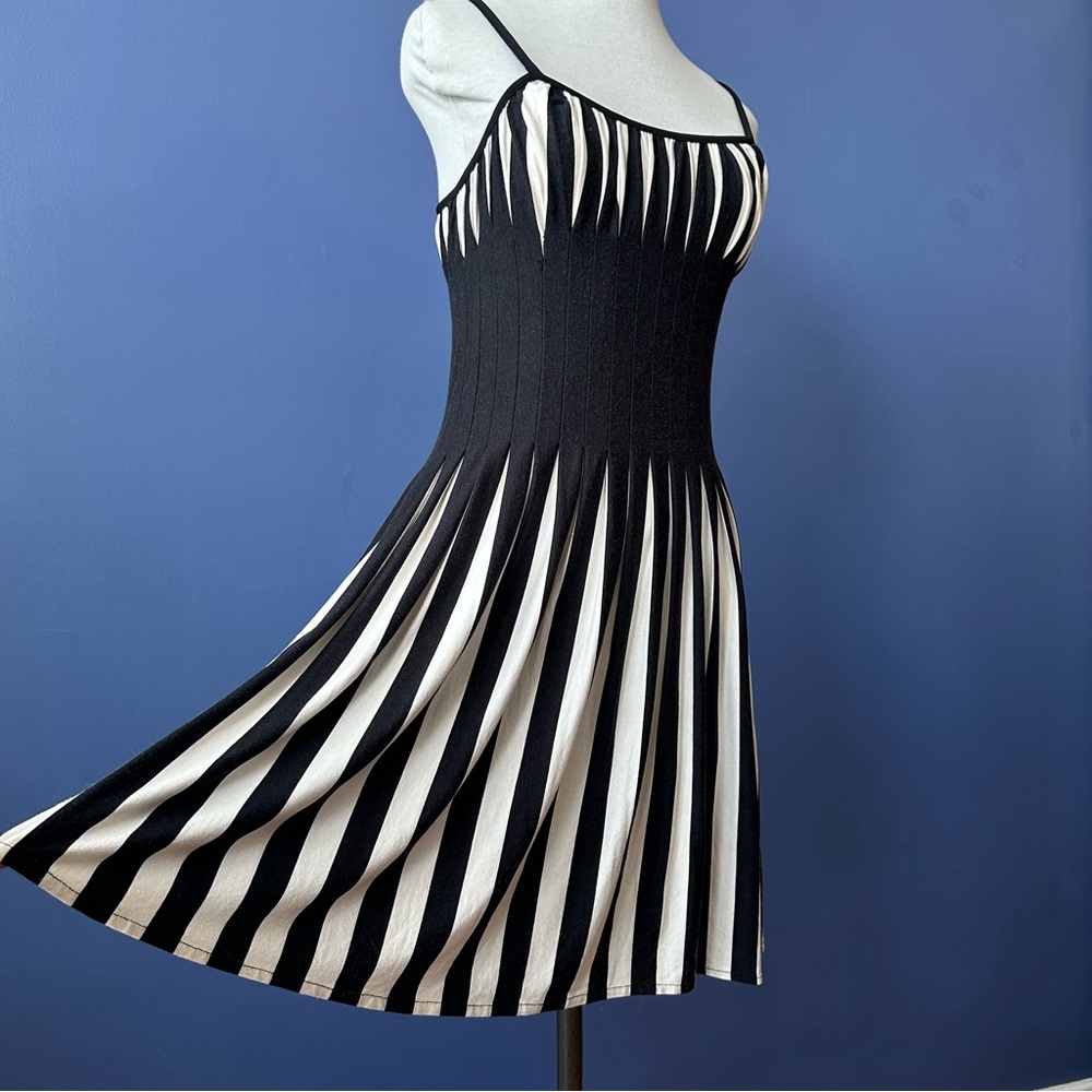 Joseph Ribkoff Black and White Striped Pleated Jersey Flared Mini Dress